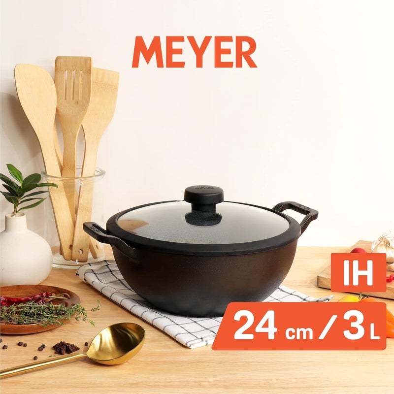 MEYER Meyer Pre Seasoned Cast Iron Kadai|Iron Kadhai with Lid for Cooking and Deep Frying | Heavy Base Iron Kadai Small Size | Gas Stove and Induction Friendly 24cm/ 3 Liters, Black  - Image 2