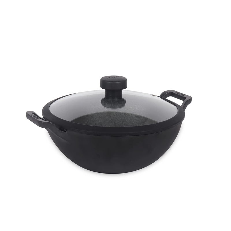 MEYER Meyer Pre Seasoned Cast Iron Kadai|Iron Kadhai with Lid for Cooking and Deep Frying | Heavy Base Iron Kadai Small Size | Gas Stove and Induction Friendly 24cm/ 3 Liters, Black  - Image 1