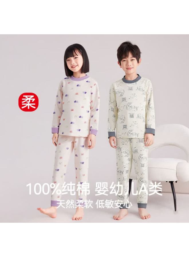 Yuzhaolin Kids Thermal Underwear Autumn Winter New 100% Cotton Long Johns Set Purple Heart Size 120
