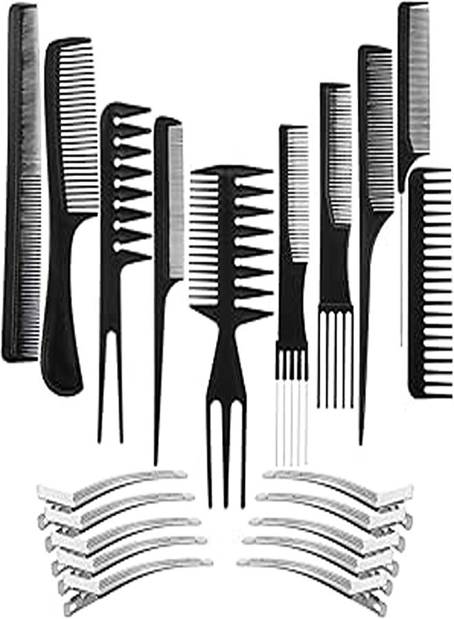 brandless 10 Pack Hair Stylists Styling Comb Set with 10 Pack Duck Bill Clips Salon Barber Anti-static Hair Combs Styling Comb Set Hair Styling Comb with Silver Metal Clip (Black)