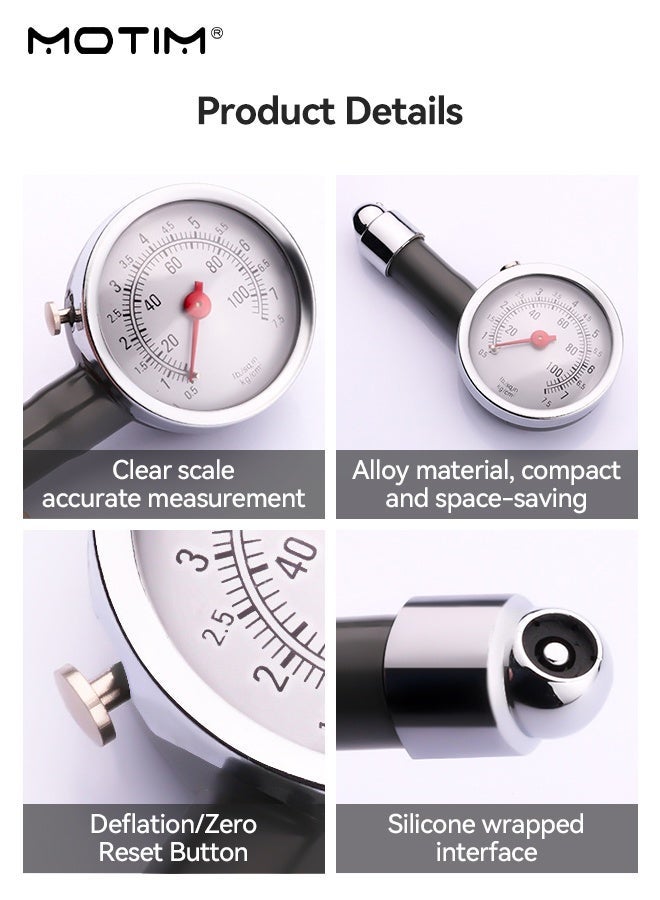 Motim Tire Air Pressure Gauge for Cars, Trucks, Motorcycles & Bicycles (0-100 PSI), Meter Tester with Deflation Button, High Accuration Tire Air Gauge for All Vehicles - Image 2