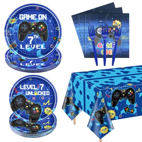 PIXHOTUL 81 Pcs Video Game Party Supplies 7th Birthday Video Game Party Decor Dinner Plates Napkins Video Game Tablecloth Forks Gaming Party Favors for Boy 7th Birthday Party Serves 20 - Image 1