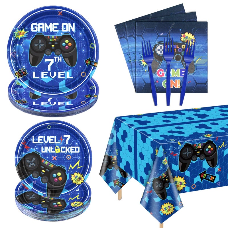 PIXHOTUL 81 Pcs Video Game Party Supplies 7th Birthday Video Game Party Decor Dinner Plates Napkins Video Game Tablecloth Forks Gaming Party Favors for Boy 7th Birthday Party Serves 20 - Image 3