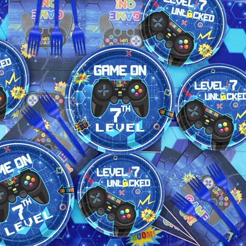 PIXHOTUL 81 Pcs Video Game Party Supplies 7th Birthday Video Game Party Decor Dinner Plates Napkins Video Game Tablecloth Forks Gaming Party Favors for Boy 7th Birthday Party Serves 20 - Image 5