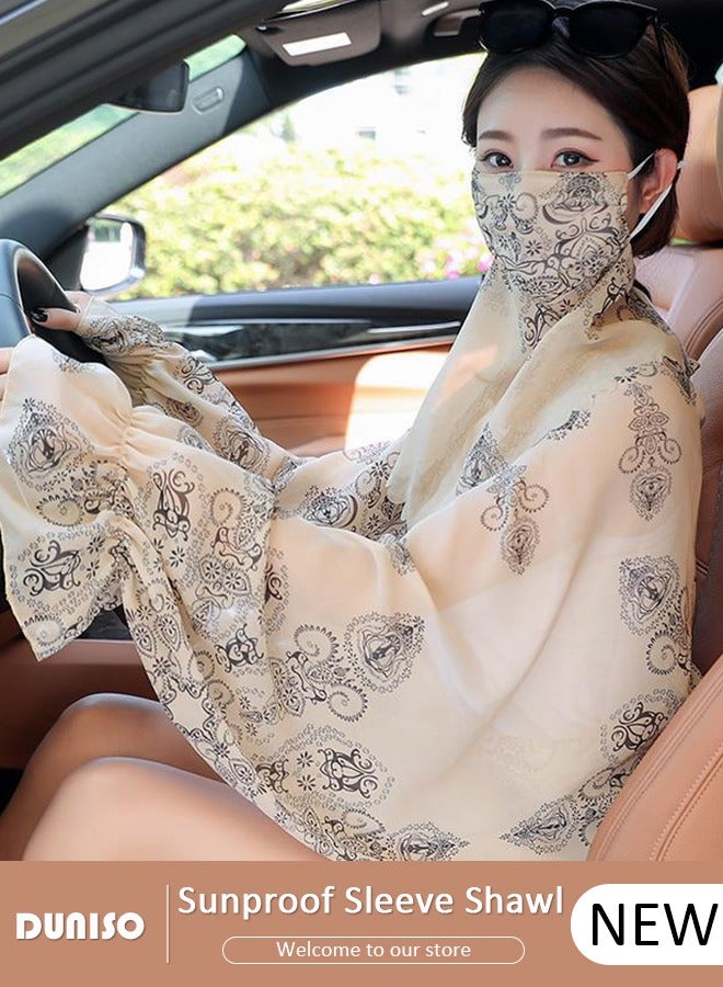 DUNISO Sun Protection Shawl with Mask Summer Sun Protection Shawl For Women Breathable Chiffon Printed Sunproof Sleeve Shawl Outdoor Riding Sunscern Clothing  - Image 1