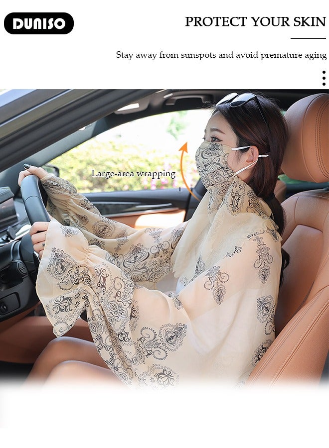 DUNISO Sun Protection Shawl with Mask Summer Sun Protection Shawl For Women Breathable Chiffon Printed Sunproof Sleeve Shawl Outdoor Riding Sunscern Clothing  - Image 5