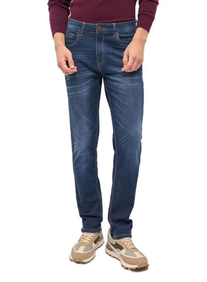 THE BEAR HOUSE Men's Dark Blue with Light Fade Mid Wash Mid-Rise Slim Fit Jeans Classic Comfort With Modern Style, Perfect For Everyday Casual Looks And Effortless Streetwear Vibes