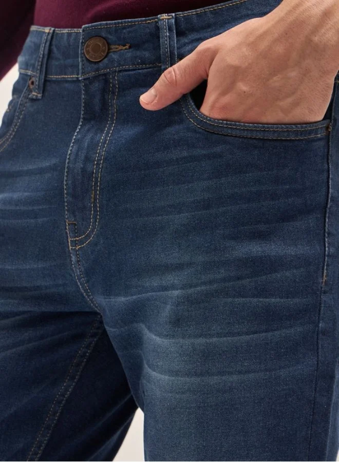 THE BEAR HOUSE Men's Dark Blue with Light Fade Mid Wash Mid-Rise Slim Fit Jeans Classic Comfort With Modern Style, Perfect For Everyday Casual Looks And Effortless Streetwear Vibes