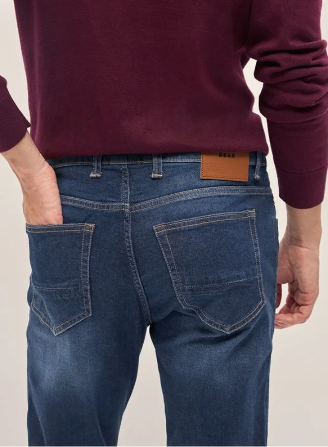 THE BEAR HOUSE Men's Dark Blue with Light Fade Mid Wash Mid-Rise Slim Fit Jeans Classic Comfort With Modern Style, Perfect For Everyday Casual Looks And Effortless Streetwear Vibes