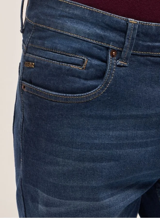 THE BEAR HOUSE Men's Dark Blue with Light Fade Mid Wash Mid-Rise Slim Fit Jeans Classic Comfort With Modern Style, Perfect For Everyday Casual Looks And Effortless Streetwear Vibes