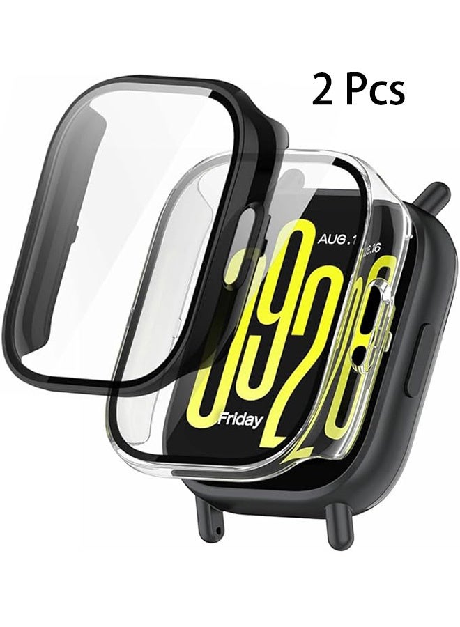 قضية 2 جهاز كمبيوتر شخصي مع حامي شاشة زجاجي مقلص متوافق مع Redmi Watch 5 نشط ، تغطية كاملة لحماية قضايا الكمبيوتر الشخصي الصلبة غطاء الوجه لـ Redmi Watch 5 نشط (شفاف وأسود) - Image 1