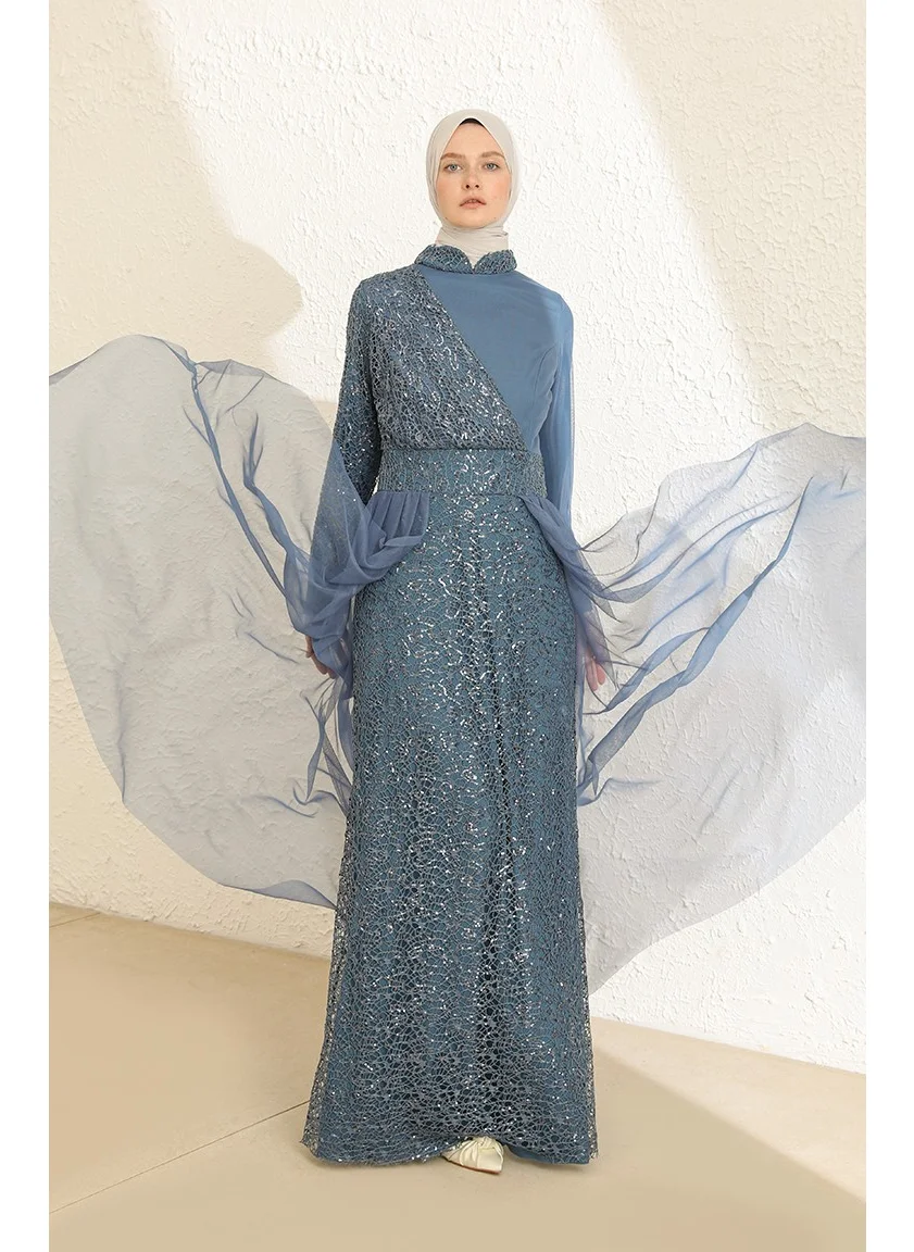 Sefa Merve Sequined Tulle Evening Dress 5345-12 Indigo
