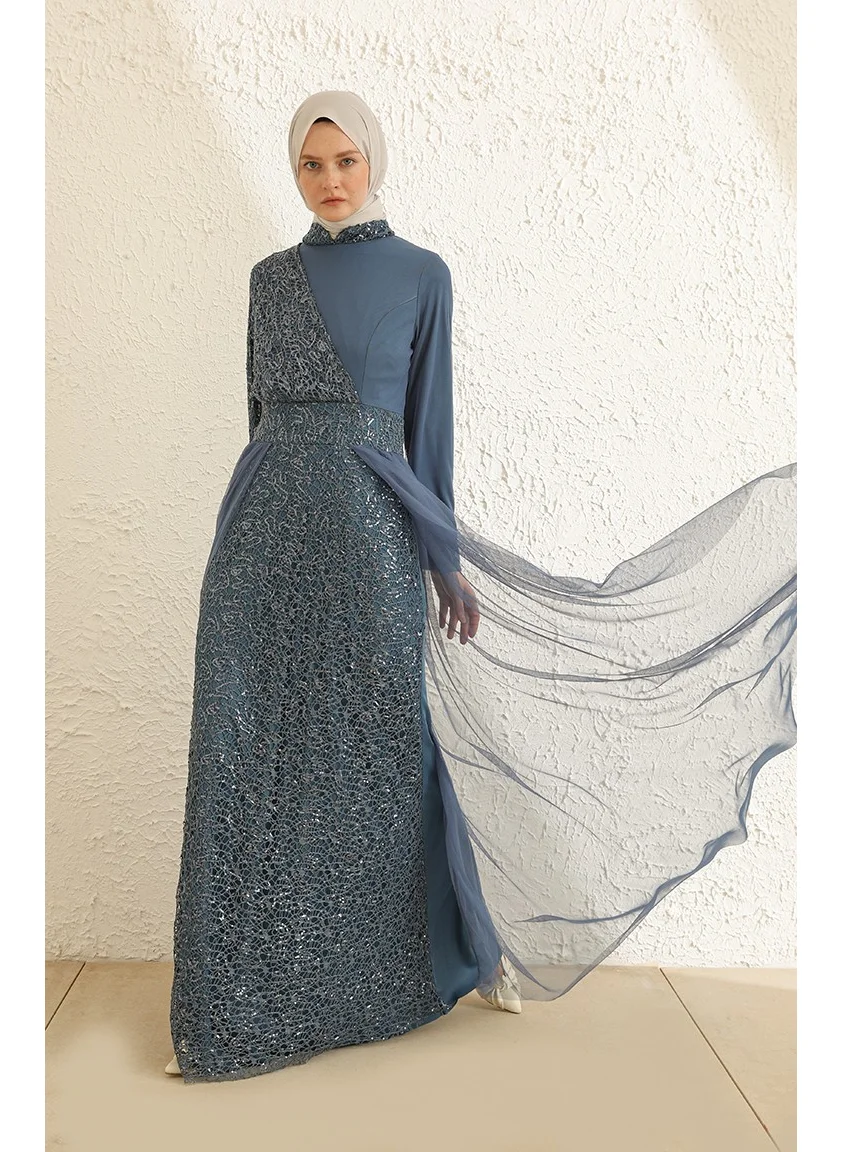 Sefa Merve Sequined Tulle Evening Dress 5345-12 Indigo