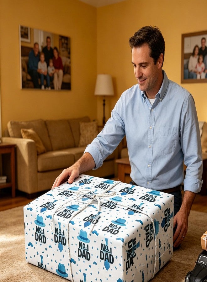Vnaaem Reversible Father's Day Wrapping Paper Roll for Dad Men Gradpa - Blue Gift Wrap with Tie, Hat, Plaid Design for Holiday Supplies(Total 28.5sq.ft - Image 5