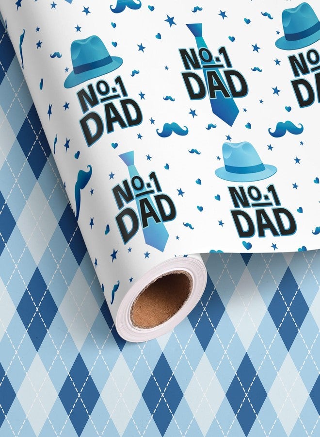 Vnaaem Reversible Father's Day Wrapping Paper Roll for Dad Men Gradpa - Blue Gift Wrap with Tie, Hat, Plaid Design for Holiday Supplies(Total 28.5sq.ft - Image 1