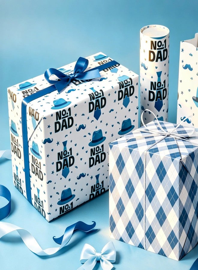 Vnaaem Reversible Father's Day Wrapping Paper Roll for Dad Men Gradpa - Blue Gift Wrap with Tie, Hat, Plaid Design for Holiday Supplies(Total 28.5sq.ft - Image 2