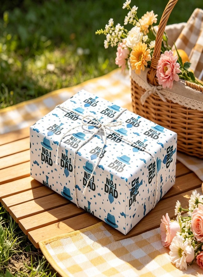 Vnaaem Reversible Father's Day Wrapping Paper Roll for Dad Men Gradpa - Blue Gift Wrap with Tie, Hat, Plaid Design for Holiday Supplies(Total 28.5sq.ft - Image 3