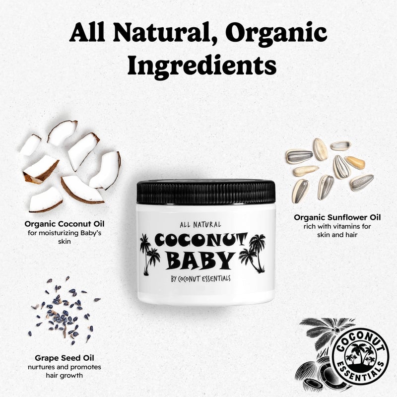 Coconut Essentials Coconut Baby Oil - Natural & Organic Moisturizer, Hair Oil for Cradle Cap Treatment, Newborn Sensitive Skin, Eczema & Psoriasis Relief, Unscented, Sunflower & GrapeSeed Oil 4 floz | Coconut Essentials - Image 3
