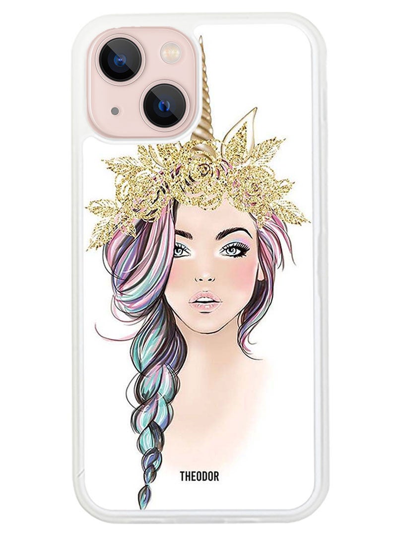 Theodor Protective Case Cover For APPLE IPHONE 14 Golden Unicorn Girl (White Bumper) - Image 1