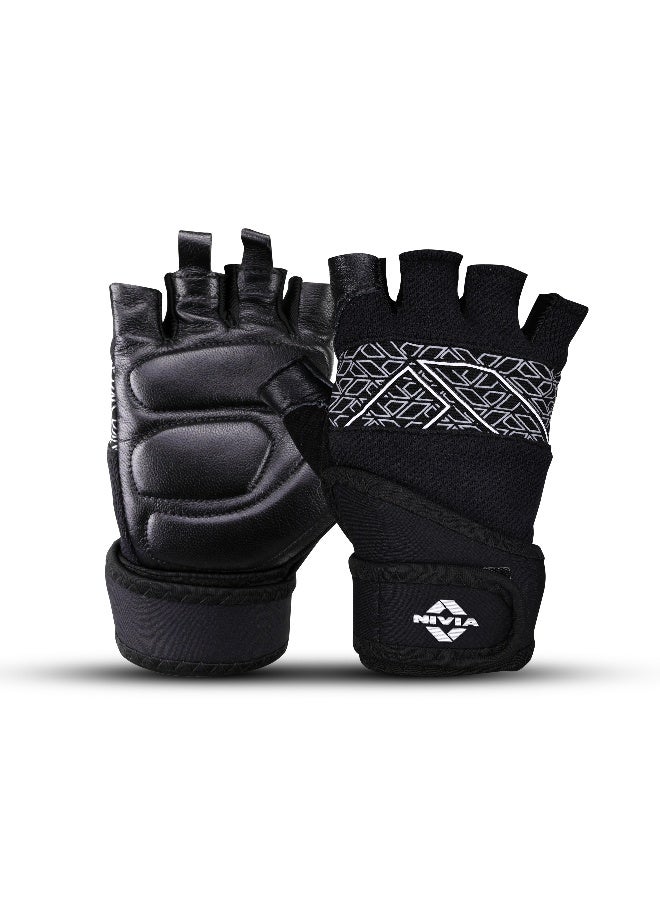 Nivia Pro Grip Gym Gloves for Men & Women, Leather Gloves with Neoprene Wrist Support, Towel Fabric Thumb, Ideal for Gym Workouts, Weightlifting, Dumbbells & Home Fitness Equipment (Black, M) - Image 1