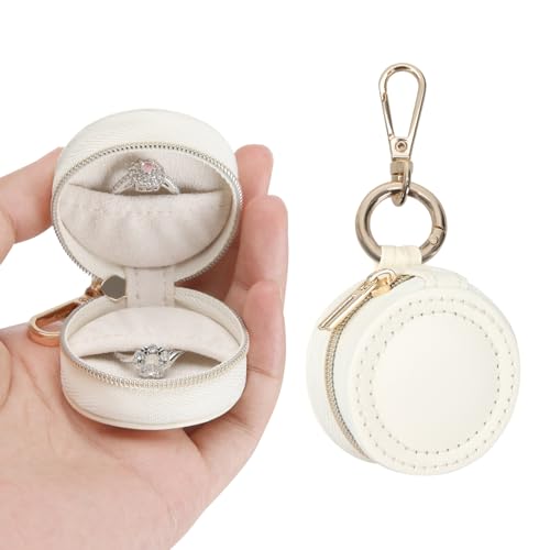 KUKUVR Jewelry Ring Holder Box with Keychain, Portable Gym Jewelry Storage Box Case, Small Travel Ring Earring Stud Necklace Storage Case (White) - Image 1