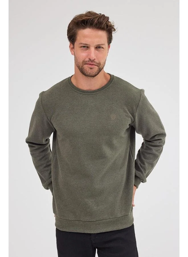 Men's Khaki Standard Fit Regular Cut Cotton Basic Crew Neck Sweatshirt
