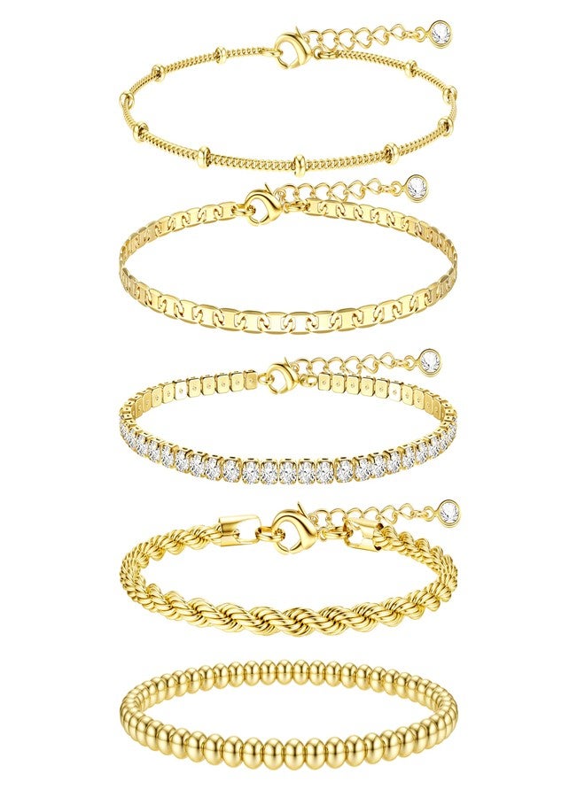 TEN MIRO 16k Gold Bracelets for Women Waterproof, Dainty Womens Gold Bracelet Stack Non Tarnish Stacked Chain Link Bracelets Rope Tennis Satellite Bead Ball Bracelet Jewelry Gifts, Medium, Brass, no - Image 1