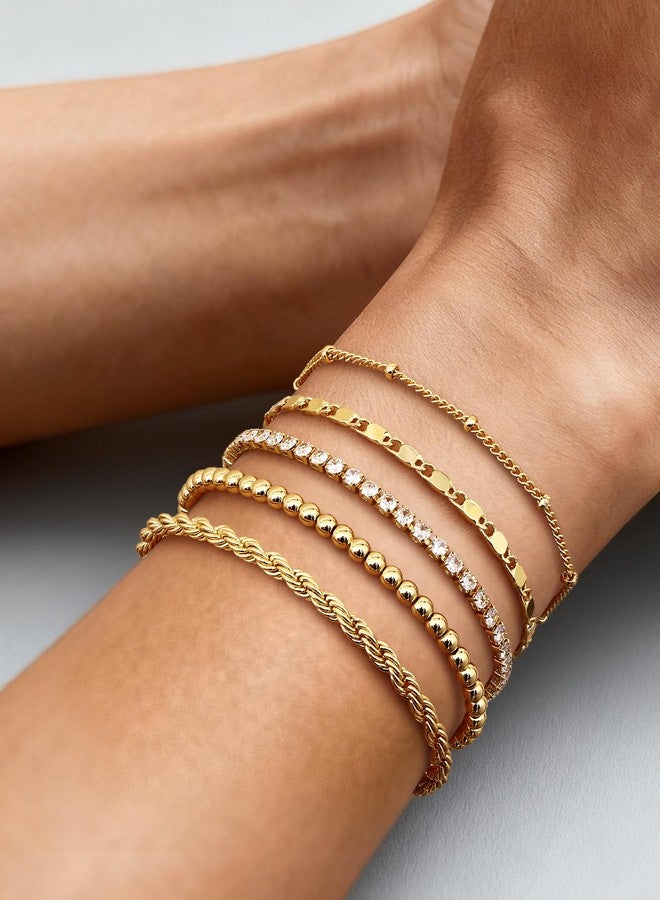 TEN MIRO 16k Gold Bracelets for Women Waterproof, Dainty Womens Gold Bracelet Stack Non Tarnish Stacked Chain Link Bracelets Rope Tennis Satellite Bead Ball Bracelet Jewelry Gifts, Medium, Brass, no - Image 2