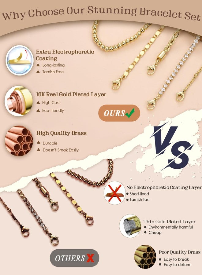 TEN MIRO 16k Gold Bracelets for Women Waterproof, Dainty Womens Gold Bracelet Stack Non Tarnish Stacked Chain Link Bracelets Rope Tennis Satellite Bead Ball Bracelet Jewelry Gifts, Medium, Brass, no - Image 4