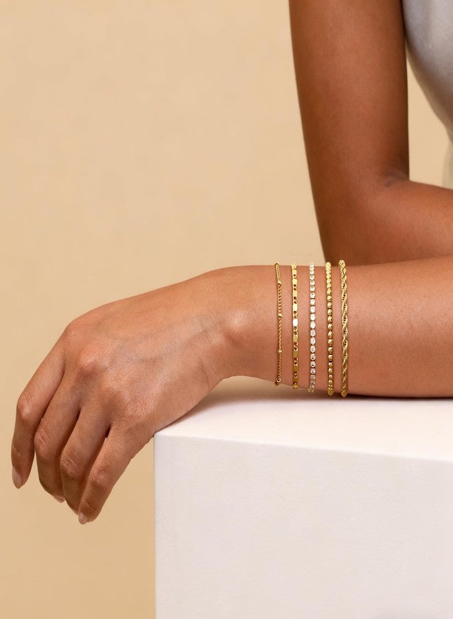 TEN MIRO 16k Gold Bracelets for Women Waterproof, Dainty Womens Gold Bracelet Stack Non Tarnish Stacked Chain Link Bracelets Rope Tennis Satellite Bead Ball Bracelet Jewelry Gifts, Medium, Brass, no - Image 3