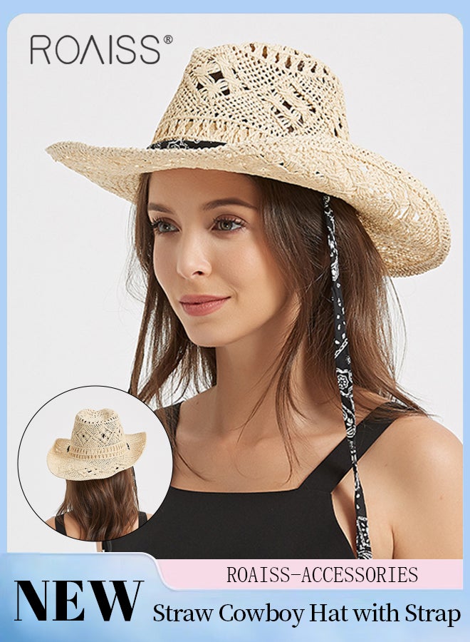 roaiss Straw Cowboy Hat for Women with Strap Breathable Western Cowgirl Shapeable Brim Sun Hat Summer Beach Outdoor Fashion Accessory  - Image 1