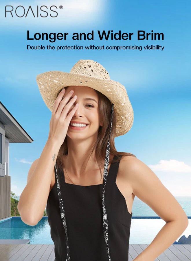 roaiss Straw Cowboy Hat for Women with Strap Breathable Western Cowgirl Shapeable Brim Sun Hat Summer Beach Outdoor Fashion Accessory  - Image 4