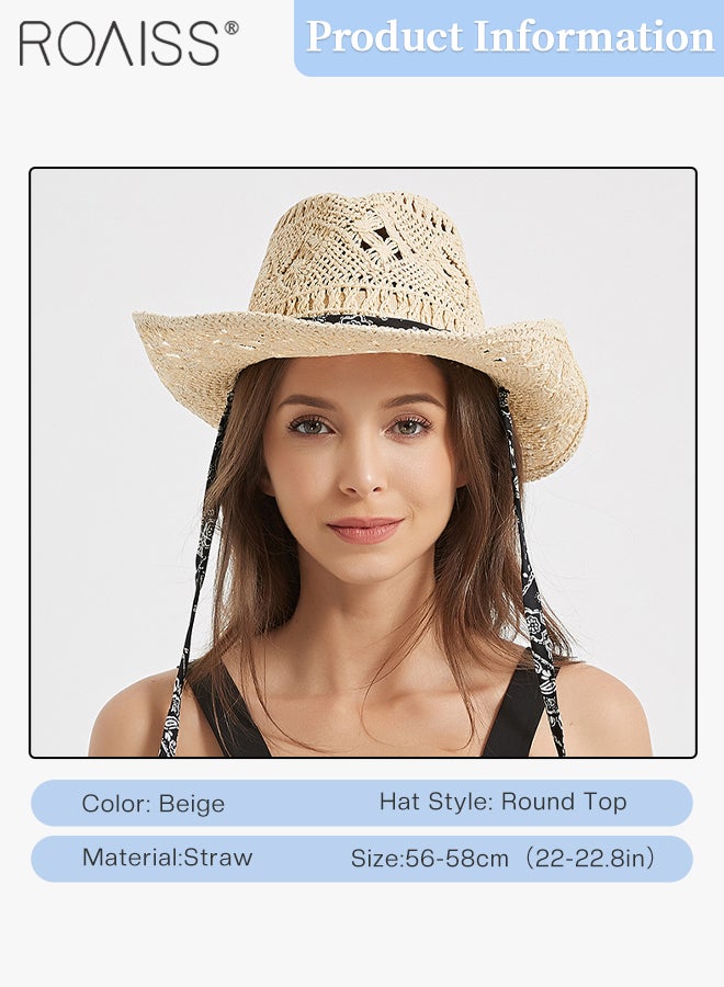 roaiss Straw Cowboy Hat for Women with Strap Breathable Western Cowgirl Shapeable Brim Sun Hat Summer Beach Outdoor Fashion Accessory  - Image 3