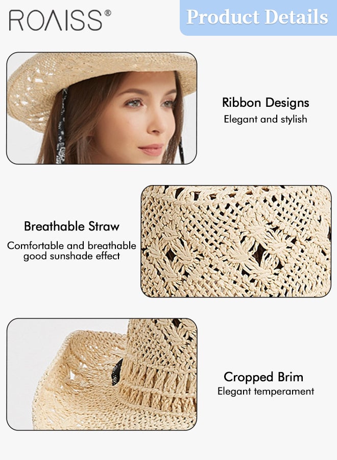 roaiss Straw Cowboy Hat for Women with Strap Breathable Western Cowgirl Shapeable Brim Sun Hat Summer Beach Outdoor Fashion Accessory  - Image 5