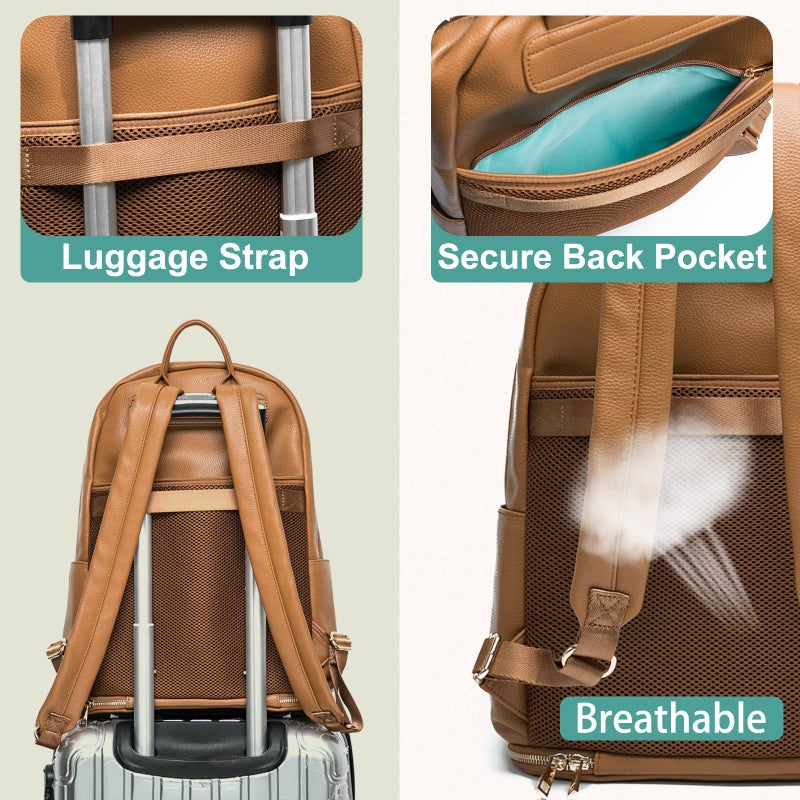 MOMINSIDE حقيبة ظهر مومينسايد لحفاضات الأطفال، حقيبة حفاضات، حقيبة حفاضات للأطفال 13 جيب، حقيبة جلدية صغيرة، حقيبة ظهر، حقيبة مضخة الثدي، 2 جيب معزول، حقيبة ظهر لحفاضات الأطفال، بني - Image 3