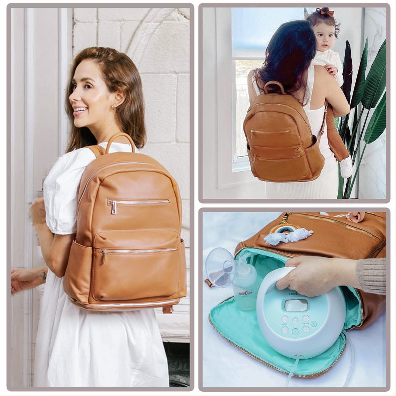 MOMINSIDE حقيبة ظهر مومينسايد لحفاضات الأطفال، حقيبة حفاضات، حقيبة حفاضات للأطفال 13 جيب، حقيبة جلدية صغيرة، حقيبة ظهر، حقيبة مضخة الثدي، 2 جيب معزول، حقيبة ظهر لحفاضات الأطفال، بني - Image 2