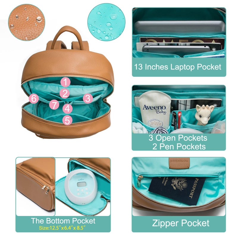MOMINSIDE حقيبة ظهر مومينسايد لحفاضات الأطفال، حقيبة حفاضات، حقيبة حفاضات للأطفال 13 جيب، حقيبة جلدية صغيرة، حقيبة ظهر، حقيبة مضخة الثدي، 2 جيب معزول، حقيبة ظهر لحفاضات الأطفال، بني - Image 4