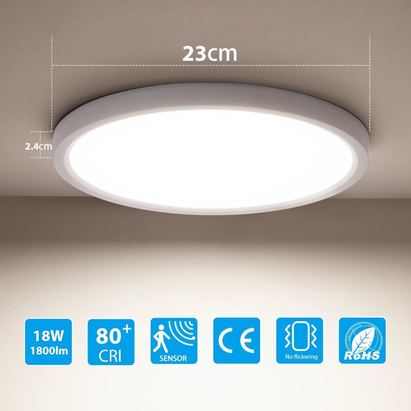 ضوء سقف بمستشعر حركة: 18W 4000K أبيض 23سم دائري نحيف LED - تشغيل/إيقاف تلقائي بتقنية الرادار بدون استخدام اليدين، موفر للطاقة للاستخدام الداخلي في الممر والسلم والشرفة والمرآب والقبو - Image 3