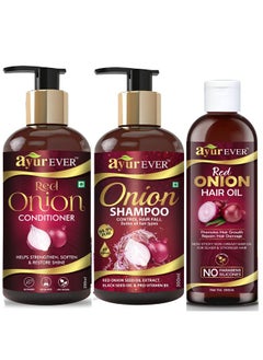 AYUREVER Red Onion Oil (200 Ml) + Onion Shampoo (300Ml) + Onion Conditioner (300 Ml)  - Image 1