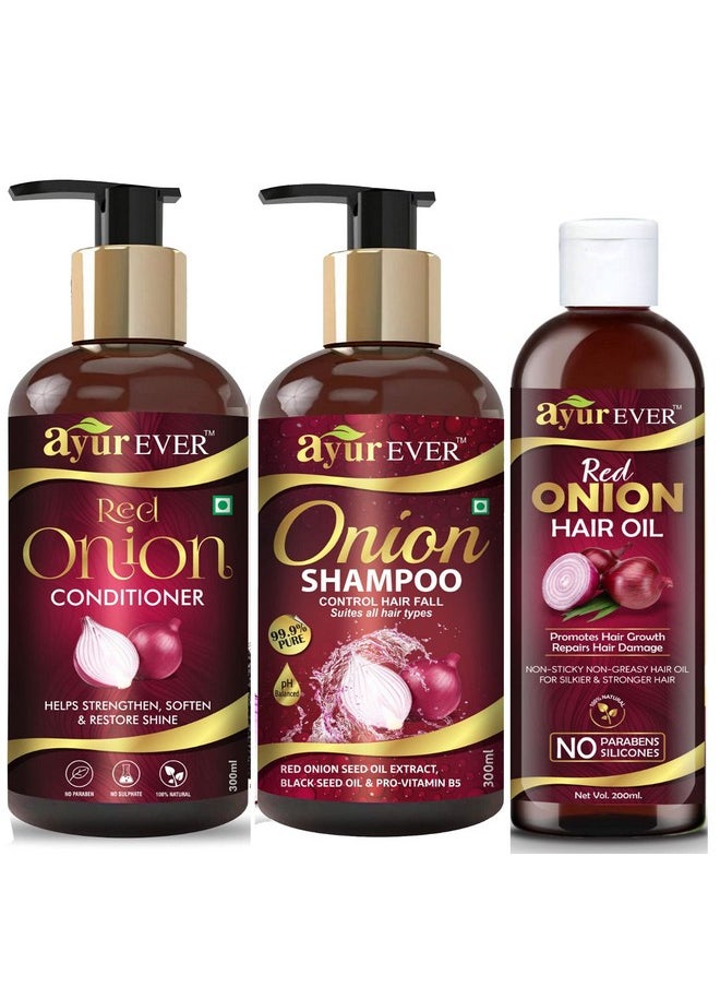 AYUREVER - Red Onion Oil (200 Ml) + Onion Shampoo (300Ml) + Onion Conditioner (300 Ml) - Image 1