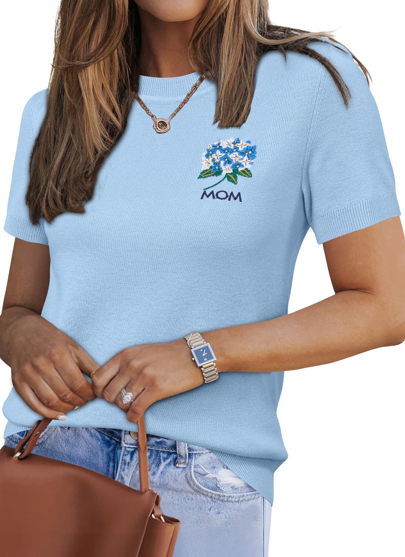 Arach&Cloz Womens Wool Blend Soft 2025 Summer Sweater Short Sleeve Crew Neck Casual Pullover Tops Trendy Outfits Loose Fit Light Blue L - Image 1