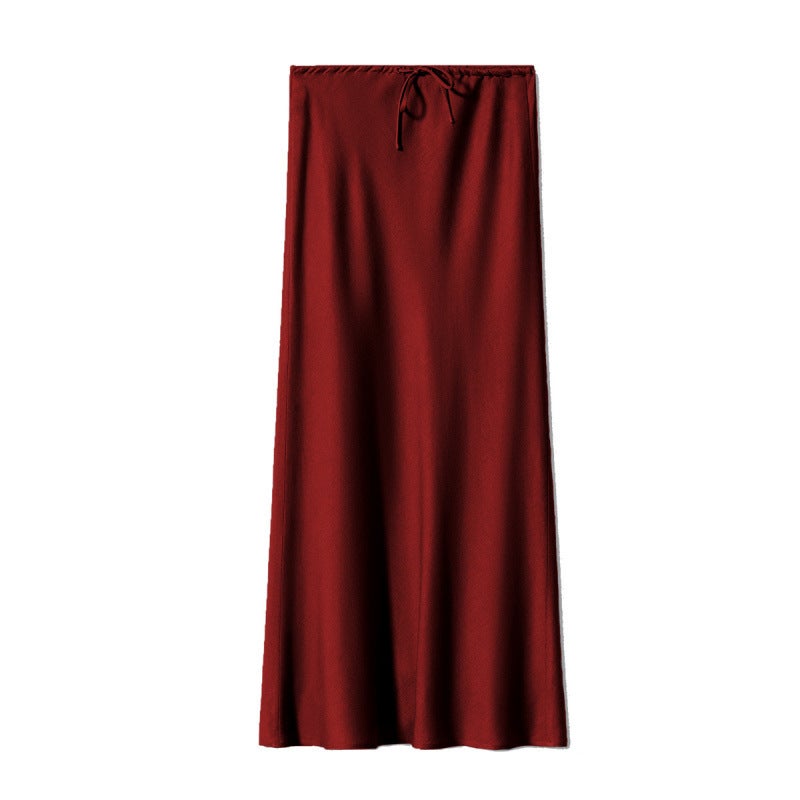 Cross-border Amazon high quality Satin 2024 Long Dress High Waist Drawstring Lace Solid Color Skirt Womens Cross-border Womens Clothing Wine red
