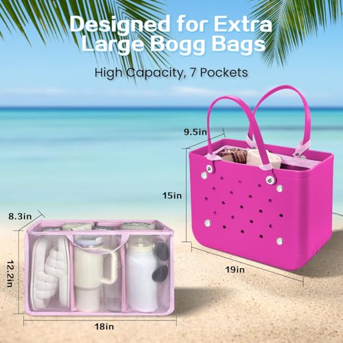 XYFuuee Beach Bag Organizer Inserts for Original Large Bogg Bag Accessories with 8 Removable Metal Fasteners Lightweight Mesh Insert Divider Pouch Organizing Rubber Tote Save Space Pink XL - Image 3
