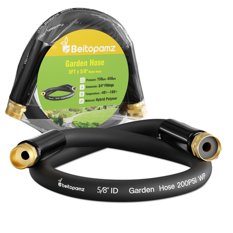 Beitopamz Short Garden Hose 3 ft x 5/8 in Male to Female Heavy Duty Small Water Hose Extender Connector, Lightweight Rubber Hybrid Leader Hose, Leak-Free Connections, 3/4'' Brass Fittings, Black - Image 1