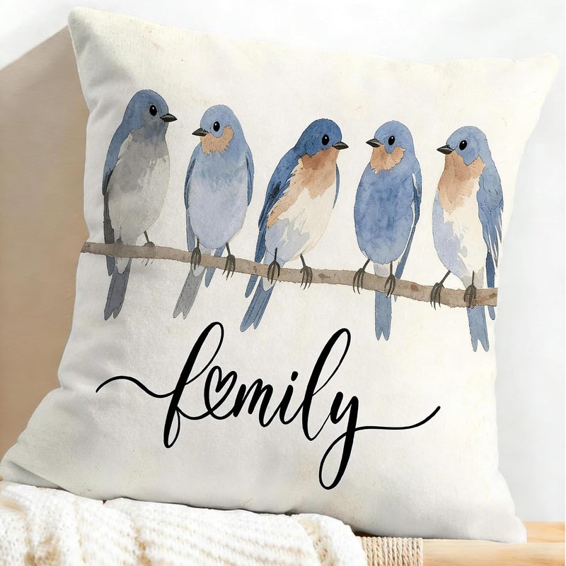 Identiy Blue Bird Family Throw Pillow Cover 18x18 Inch Pack of 1, Watercolor Cute Birds Decorative Pillow Case, Lumar Cushion Pillow Cover for Home Sofa Couch Indoor Outdoor - Image 5