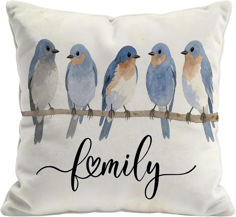 Identiy Blue Bird Family Throw Pillow Cover 18x18 Inch Pack of 1, Watercolor Cute Birds Decorative Pillow Case, Lumar Cushion Pillow Cover for Home Sofa Couch Indoor Outdoor - Image 1