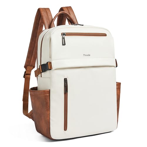 Mroede Leather Laptop Backpack for Women, 15.6 Inch Laptop Travel Backpack Purse Large Capacity Computer Bag, Casual Daypack Nurse Bag College Bookbag for School, Beige - Image 1