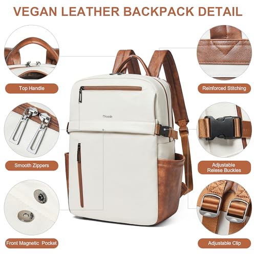 Mroede Leather Laptop Backpack for Women, 15.6 Inch Laptop Travel Backpack Purse Large Capacity Computer Bag, Casual Daypack Nurse Bag College Bookbag for School, Beige - Image 5