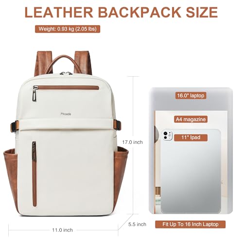 Mroede Leather Laptop Backpack for Women, 15.6 Inch Laptop Travel Backpack Purse Large Capacity Computer Bag, Casual Daypack Nurse Bag College Bookbag for School, Beige - Image 3