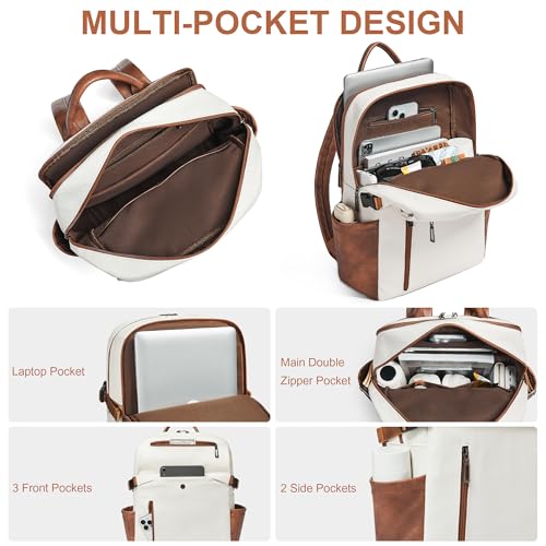 Mroede Leather Laptop Backpack for Women, 15.6 Inch Laptop Travel Backpack Purse Large Capacity Computer Bag, Casual Daypack Nurse Bag College Bookbag for School, Beige - Image 4